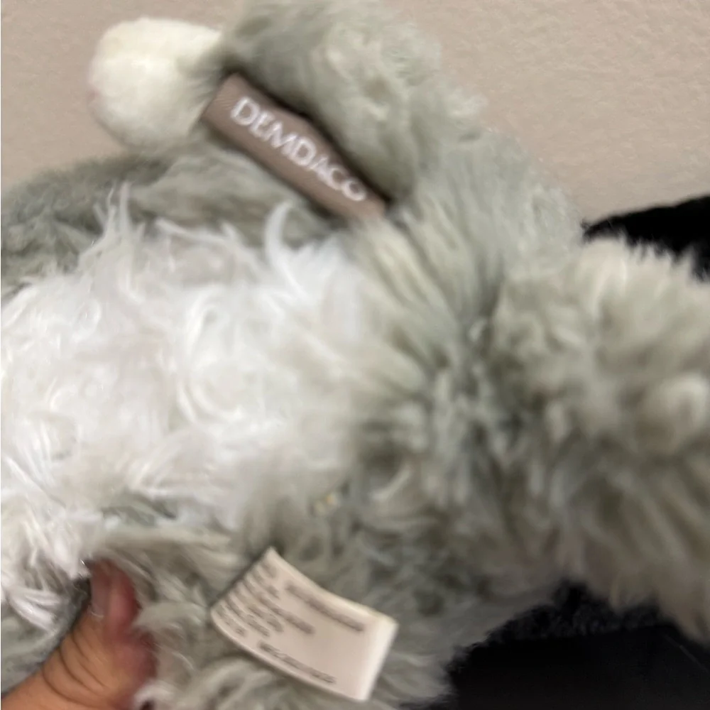 Demdaco Gray and White Plush Cat with Black Bed